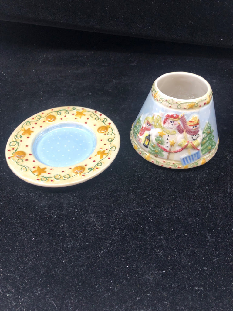 2PC SNOWMAN CANDLE SHADE W PLATE.