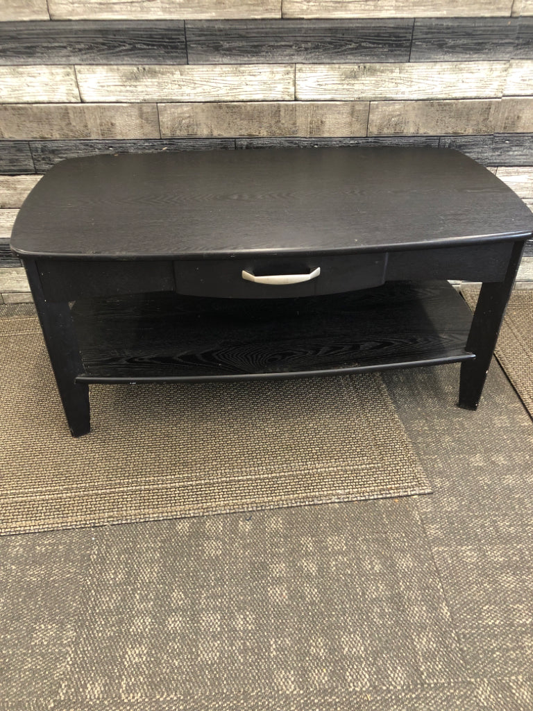 BLACK FAUX WOOD 2 TIER COFFEE TABLE W/ DRAWER.