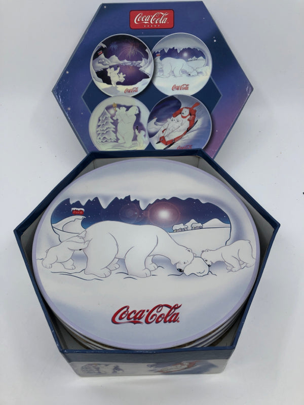 4 COCA COLA STONEWARE SALAD/DESERT PLATES IN BOX