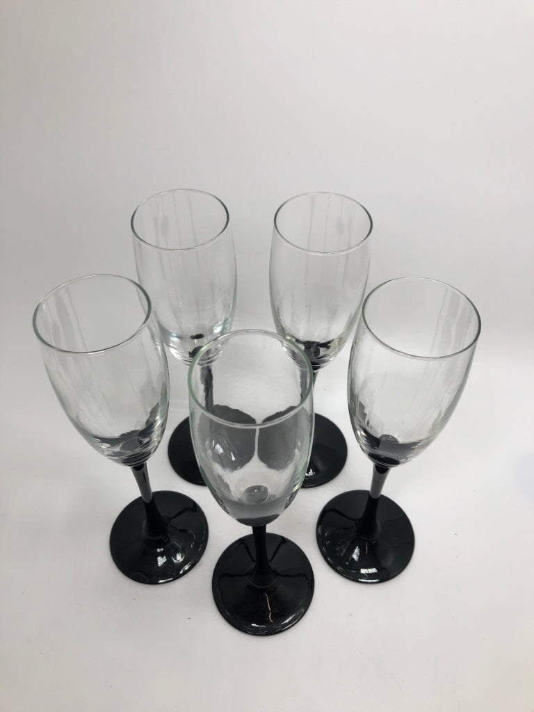 5 BLACK STEMMED FLUTES MADE IN FRANCE.