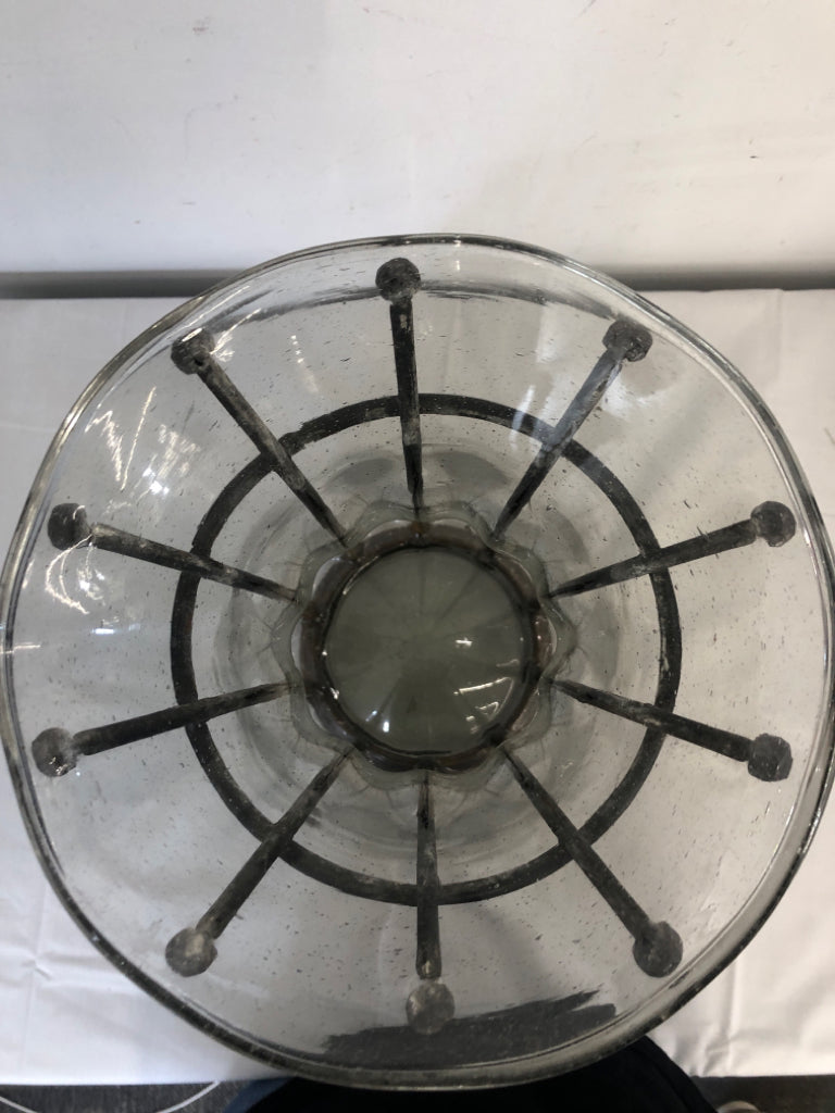 LARGE METAL AND GLASS VASE.