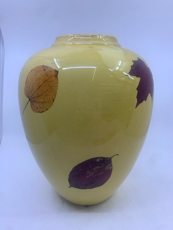 LARGE YELLOW VASE W LEAVES.