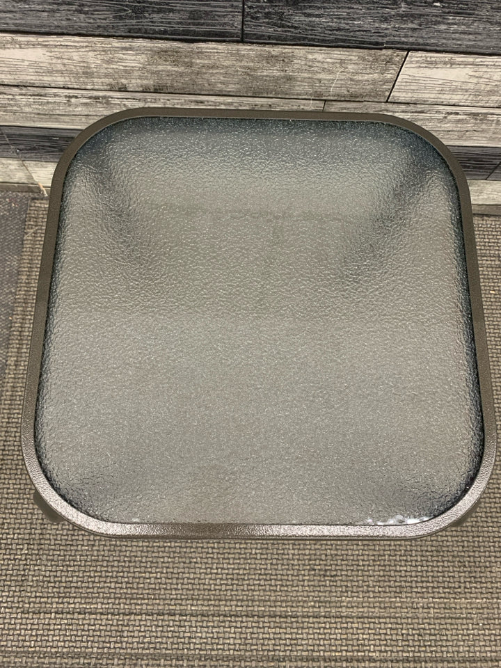 GLASS TOP BROWN METAL OUTDOOR SIDE TABLE.