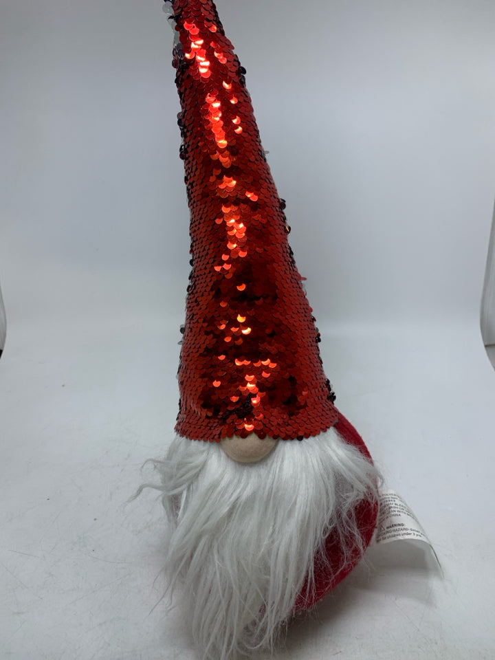 RED PLUSH GNOME W/ RED & SILVER SEQUENCE HAT.