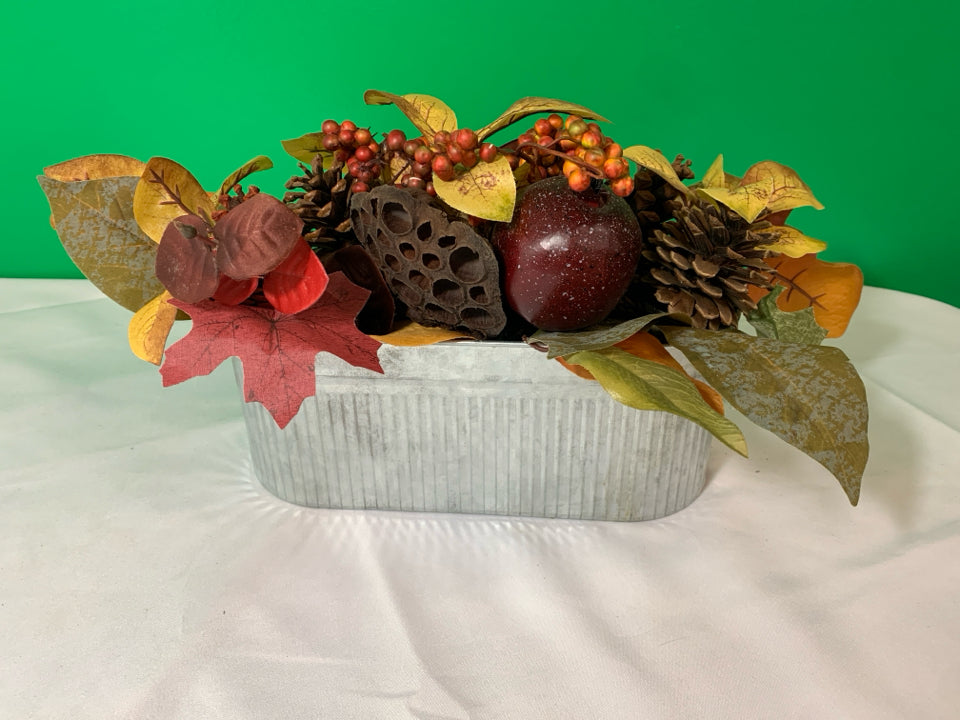 GALVANIZED OVAL RIBBED PLANTER W/ FAUX FALL DECOR.