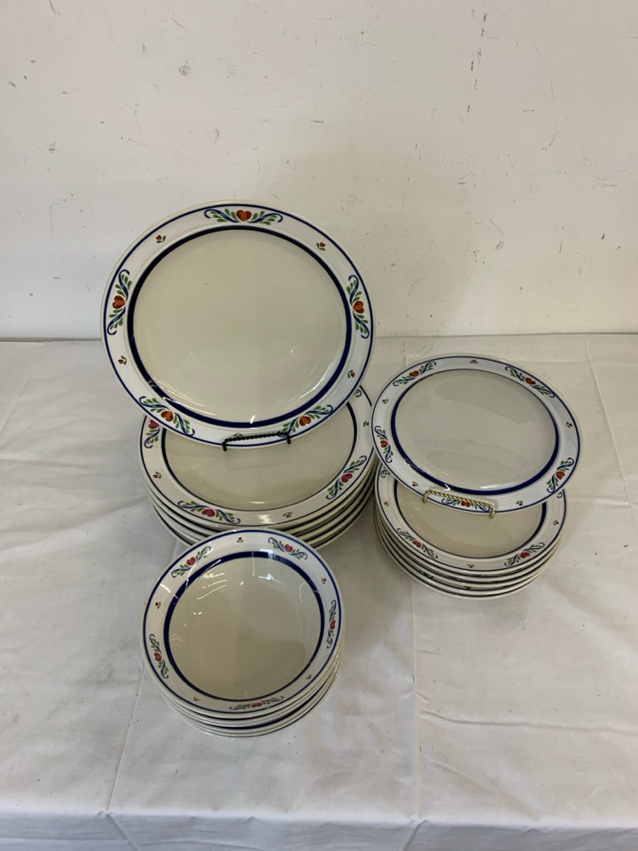 18PC BLUE AND RED HEART PATTERN DISH SET - 6 BOWLS, 6 DINNER PLATES, 6 LUNCH PLA