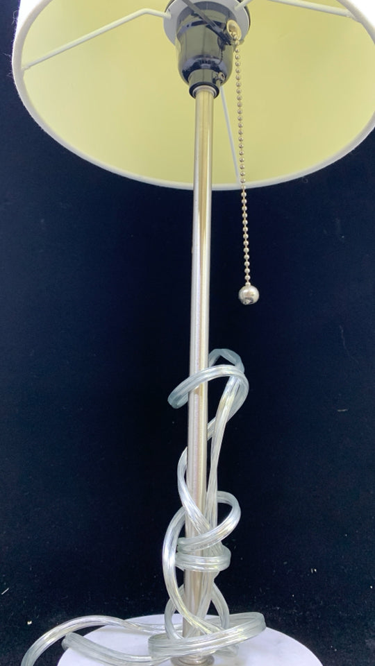 SILVER AND MARBLE BASE LAMP W/WHITE SHADE.