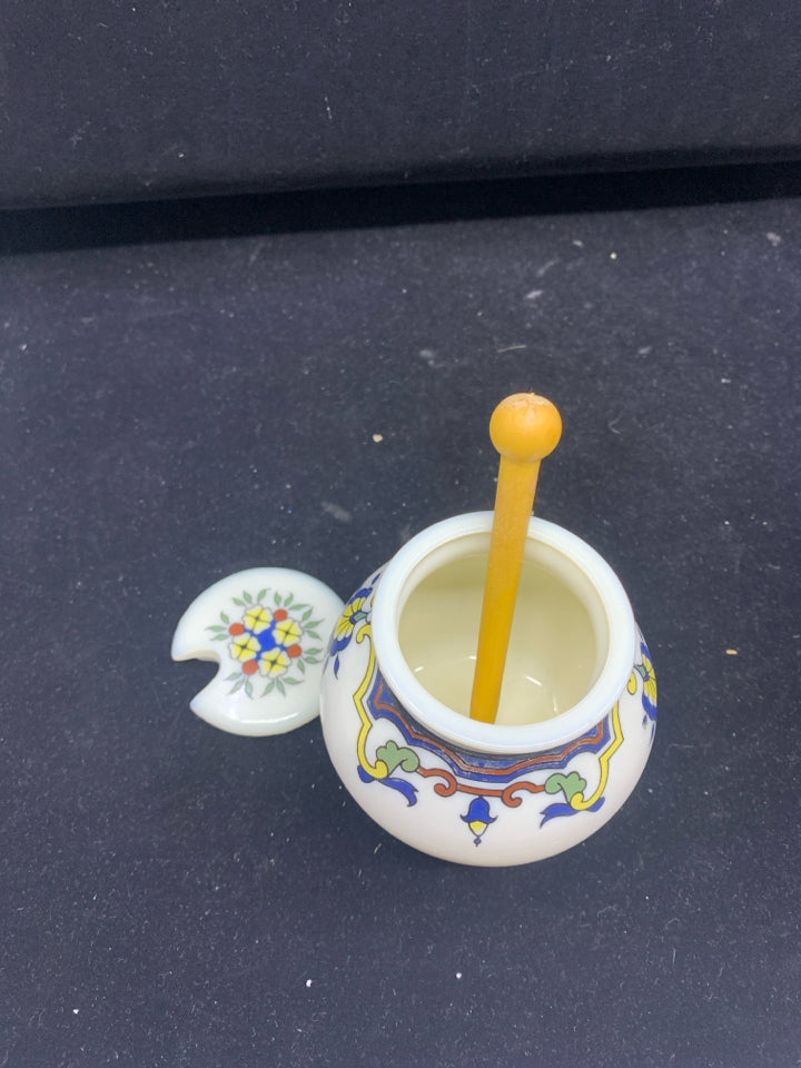 VTG BLUE YELLOW PATTERN MOUTARD ROCQUET JAR W LID AND SPOON.