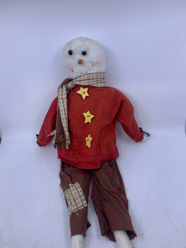 PRIMITIVE STYLE PLUSH SNOWMAN W/ RED SHIRT STAR BUTTONS.