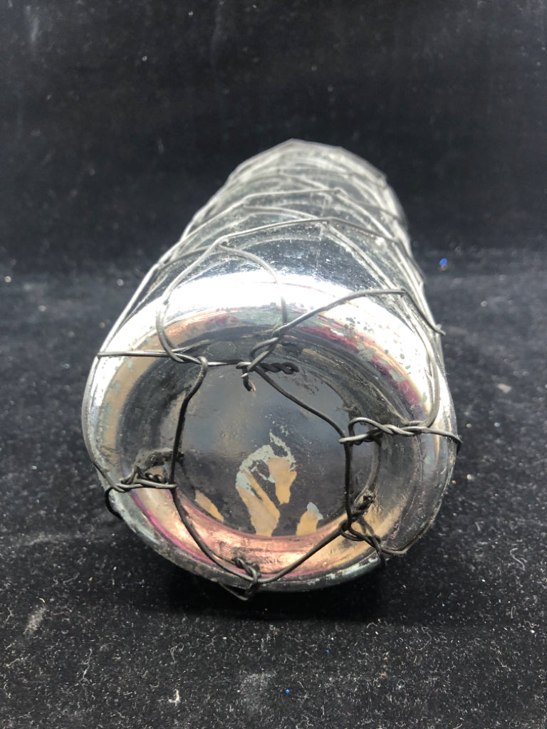 MERCURY GLASS VASE W METAL WRAPPED.