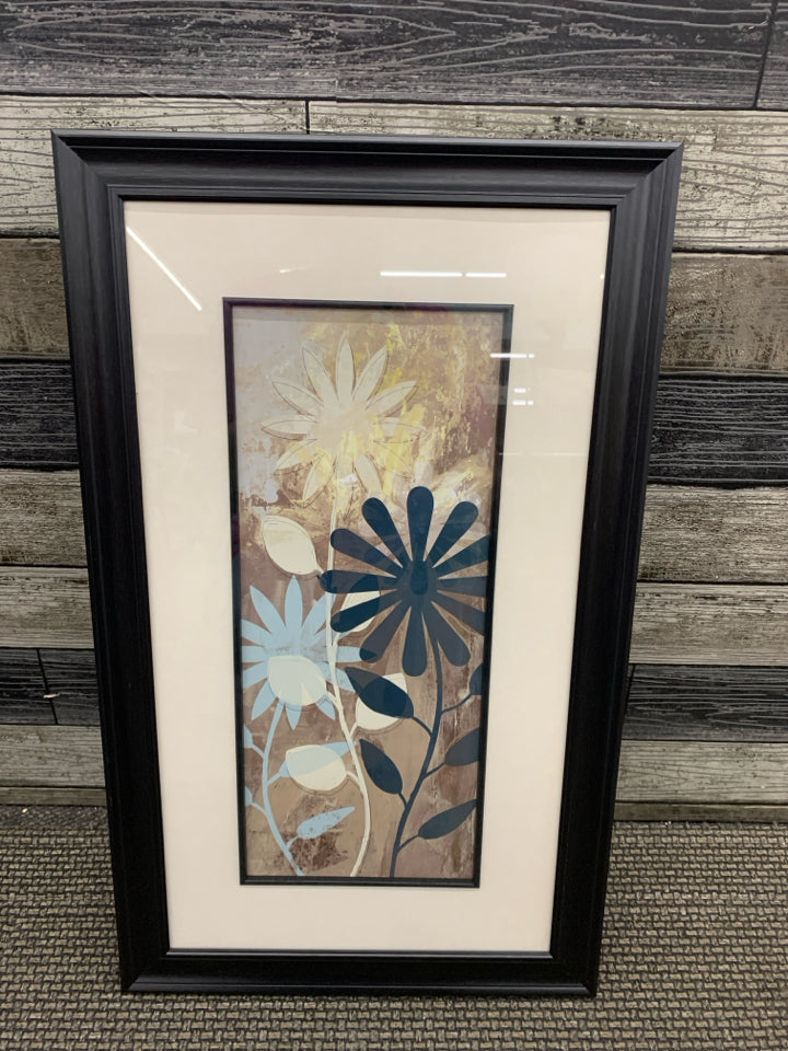 BLUE FLORAL DESIGN BLACK FRAME WALL HANGING.