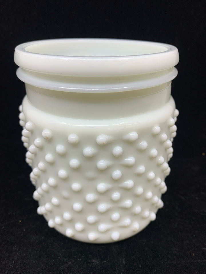 MILK GLASS HOBBNAILED MASON JAR STYLE VASE.