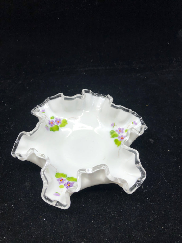 VTG PURPLE FLORAL WHITE RUFFLE EDGE BOWL- SIGNED.