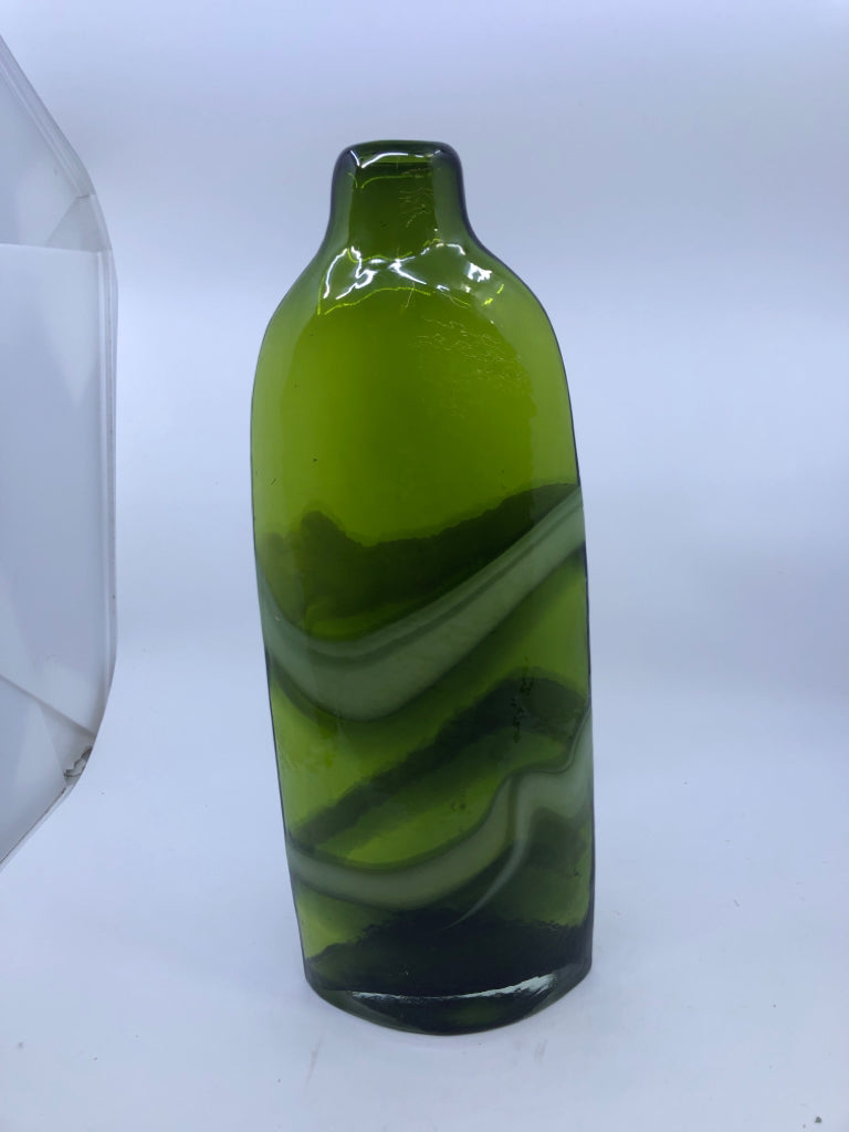 HEAVY OVAL BLOWN GLASS DARK GREEN W/ WHITE LINES.
