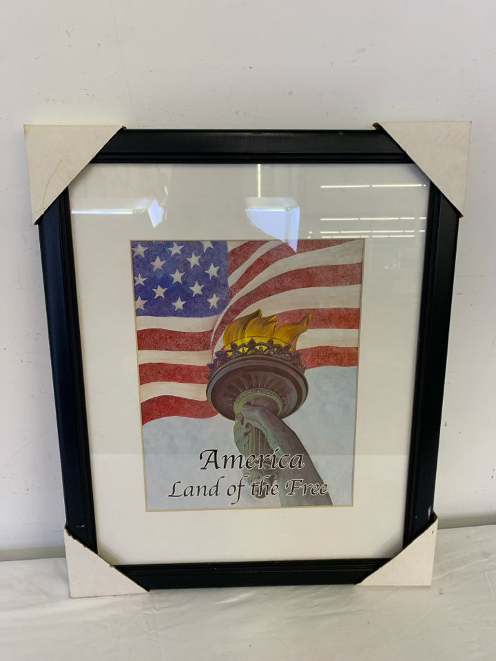 AMERICA LAND OF THE FREE WALL ART IN BLACK FRAME.