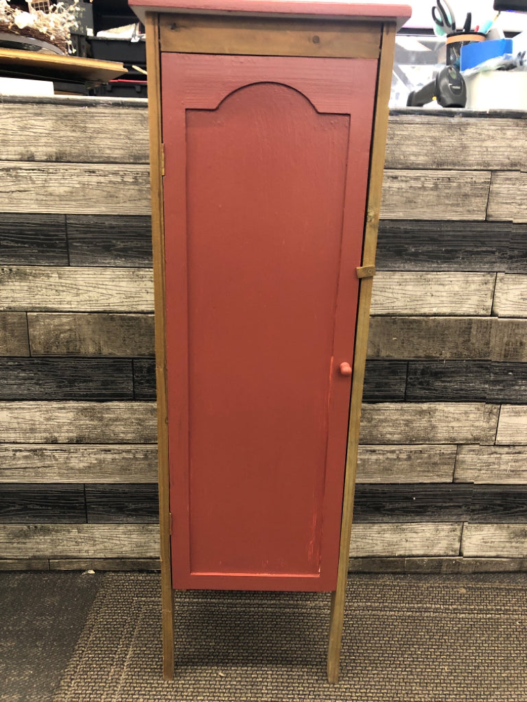 MAROON PAINTED JELLY CABINET W/ WOOD SIDES.