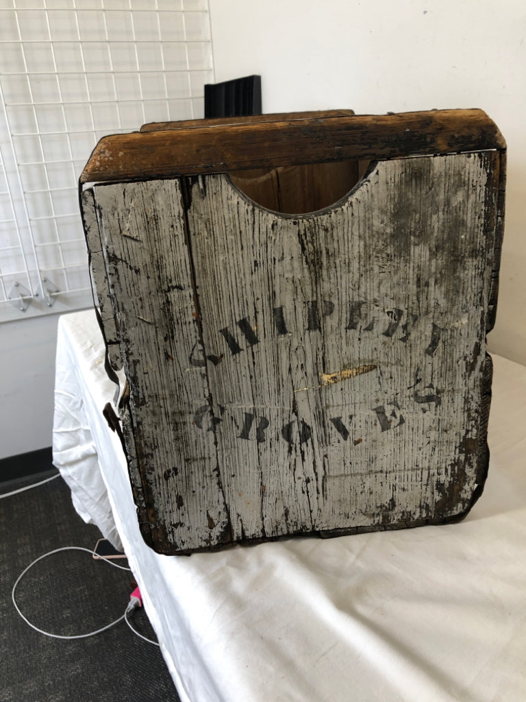 DARK WOOD AND METAL DIVIDED CRATE W HANDLES "SHIPLEY GROVES".