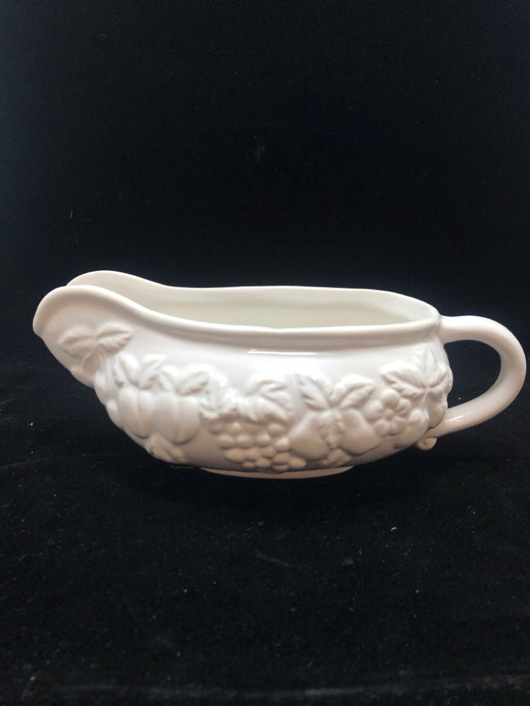 FRUIT EMBOSSED WHITE GRAVY BOAT.