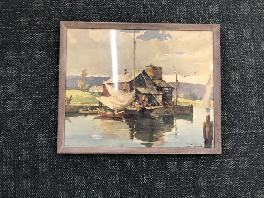 VTG FISHERMAN'S CABIN REPRODUCTION FRAMED PRINT- DAVIS F SCHWARTZ.