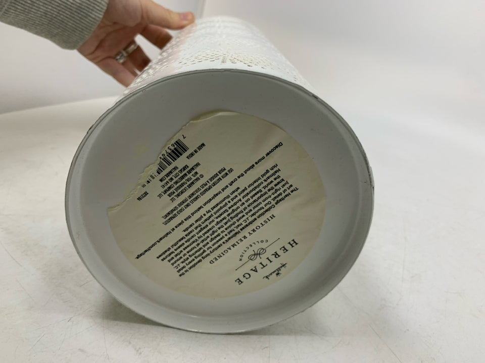 PIERCED METAL CYLINDER CANDLE HOLDER W/ FAUX PILLAR CANDLE.