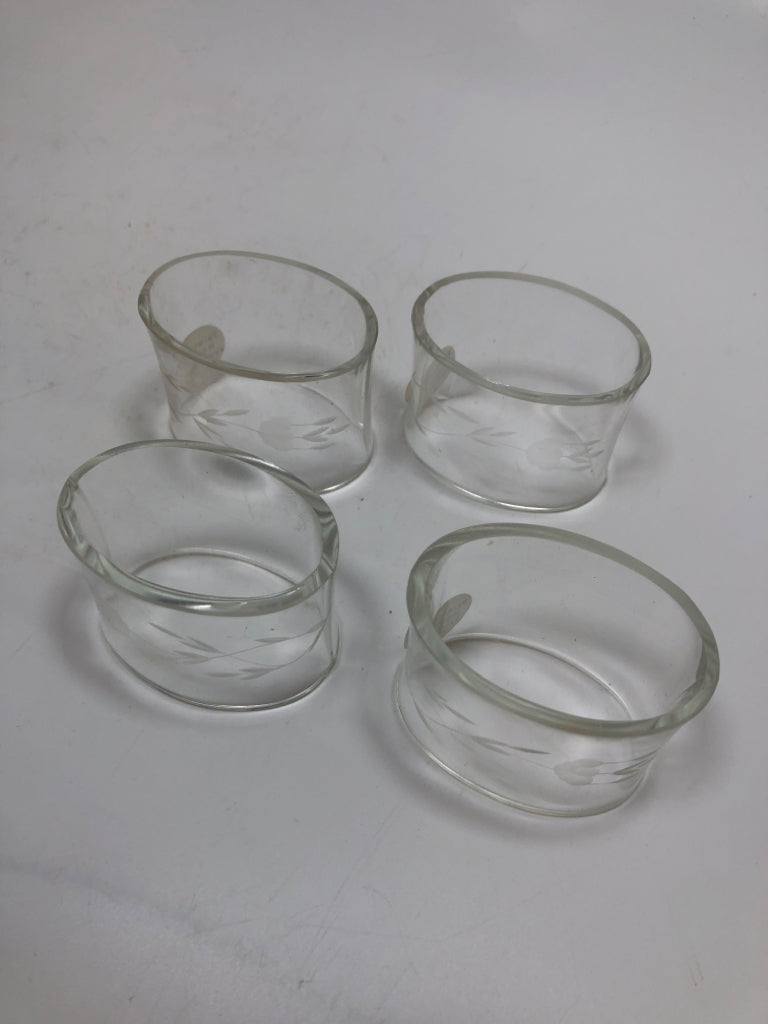 4 GLASS ETCHED NAPKIN HOLDERS.