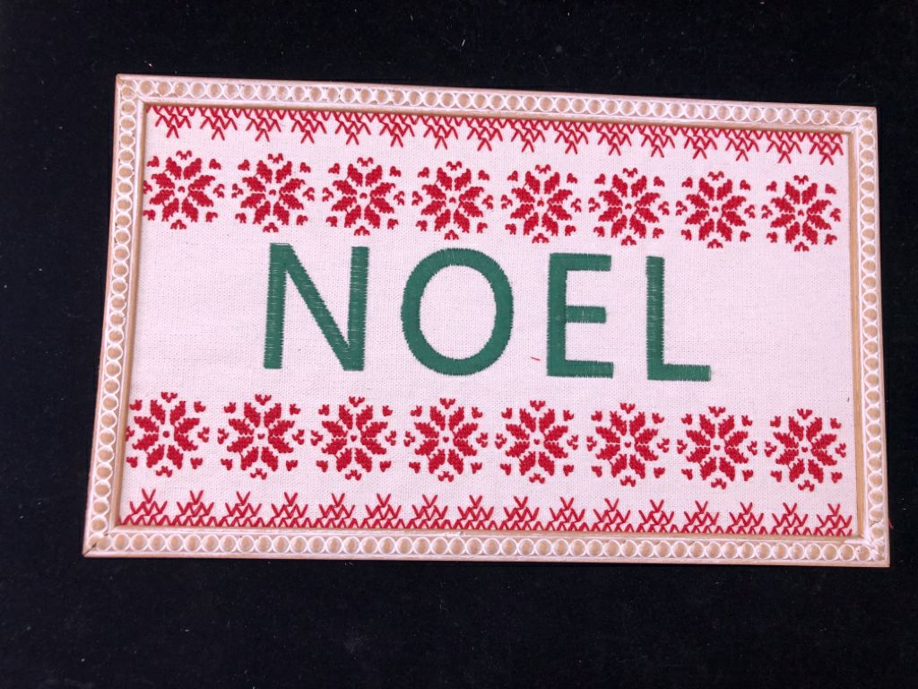 EMBROIDERED NOEL WHITE WASHED WALL DECOR.