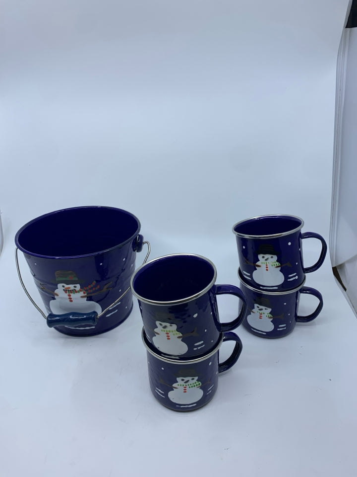 5 PC ENAMEL COBALT 4 BLUE SNOWMAN CUPS W/ ICE BUCKET.