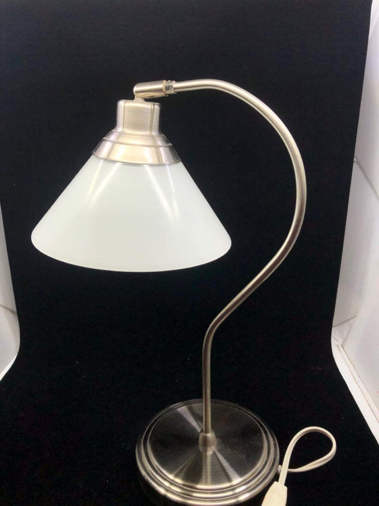 SILVER BASE LAMP W WHITE GLASS SHADE.