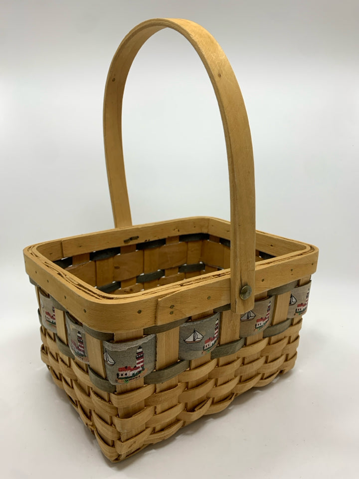 LIGHTHOUSE/SHIP ON SQUARE WEAVED BASKET.