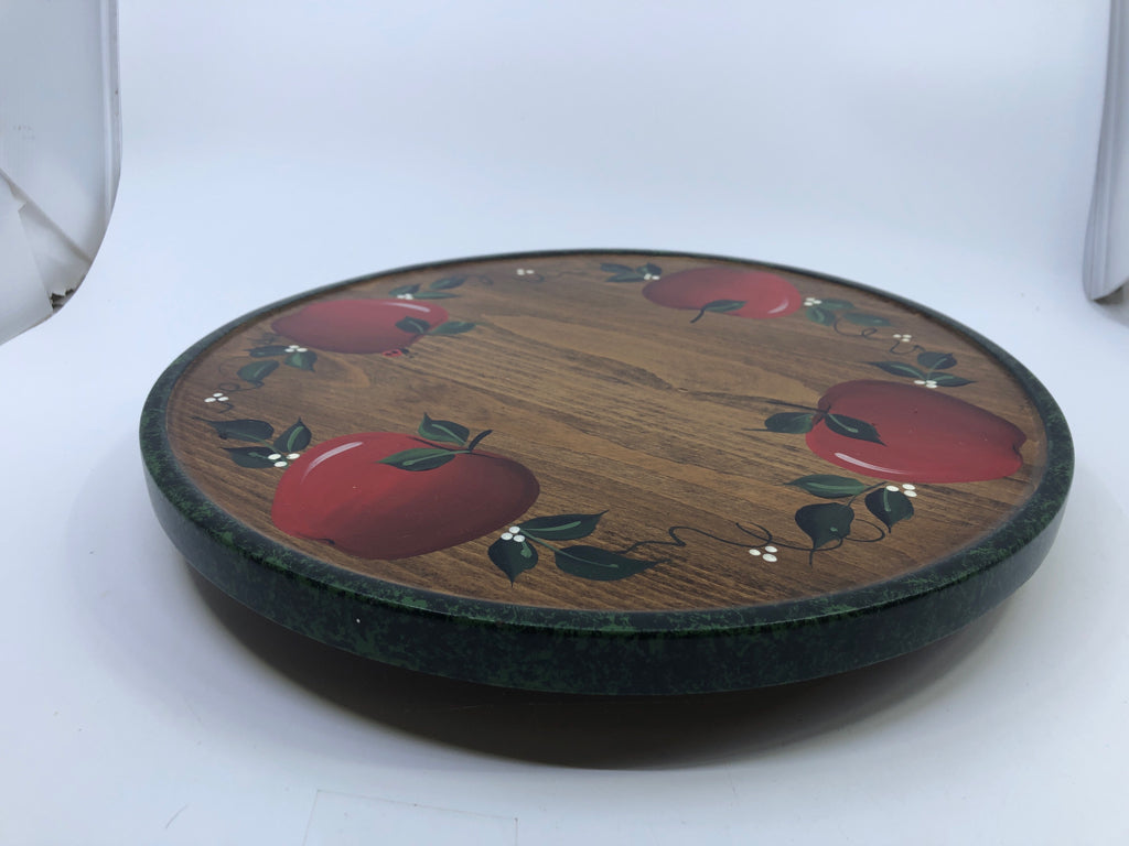 WOOD SPINNING LAZY SUSAN W/ PAINTED APPLES.
