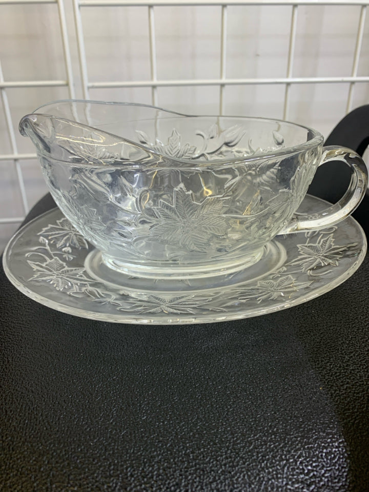 2 PC GLASS GRAVY DISH & BOWL W/ FROSTED POINSETTIA- PRINCESS HOUSE.