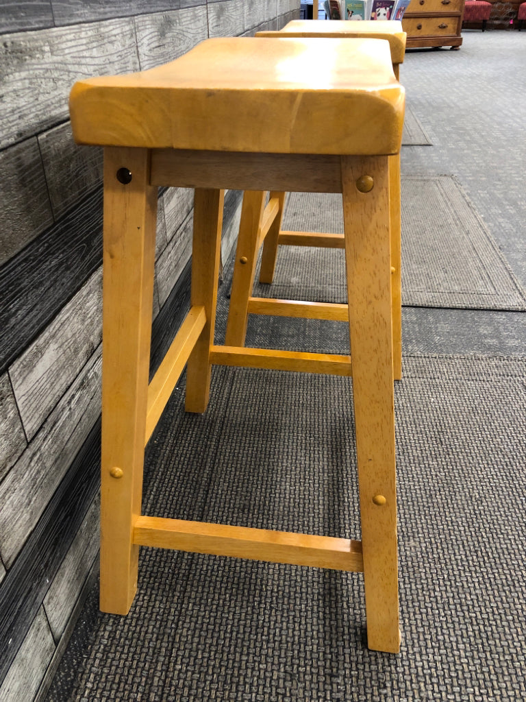 2 SHORT WOOD STOOLS.