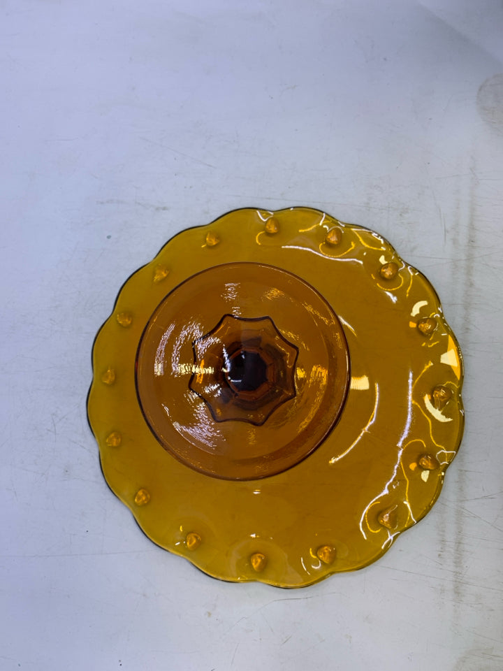 VTG AMBER GLASS CAKE STAND.