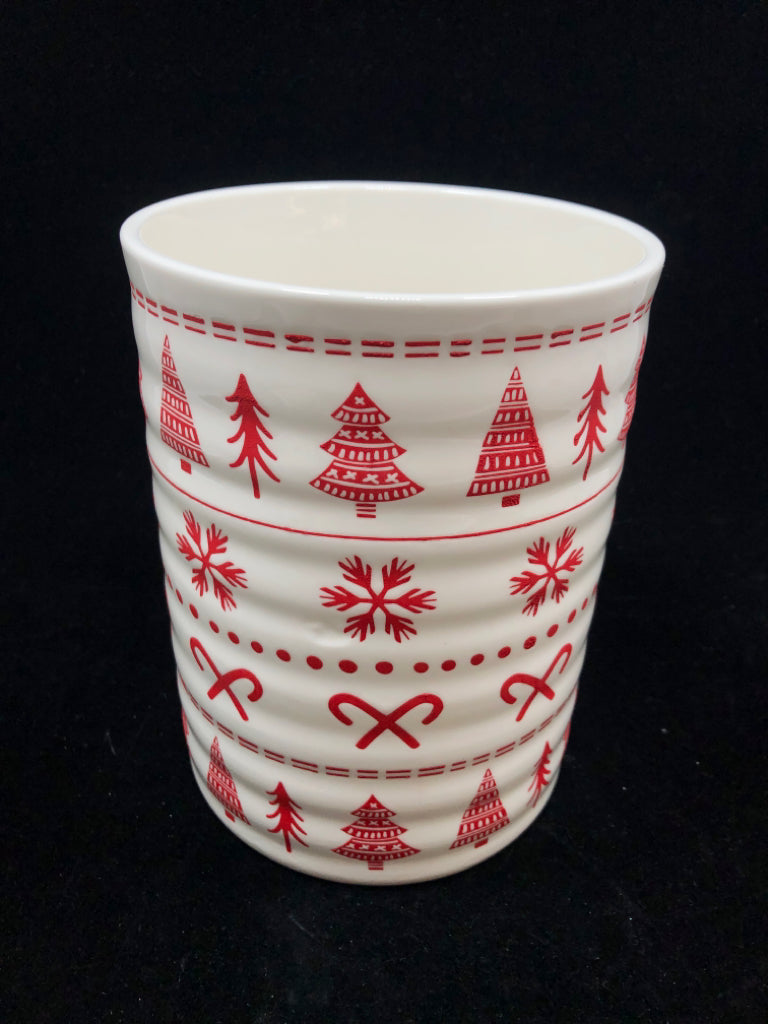 WHITE CERAMIC UTENSIL HOLDER W/RED WINTER/HOLIDAY PRINT.