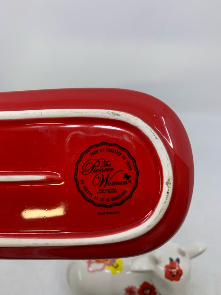 WHITE FLORAL COW SHAPED BUTTER DISH.