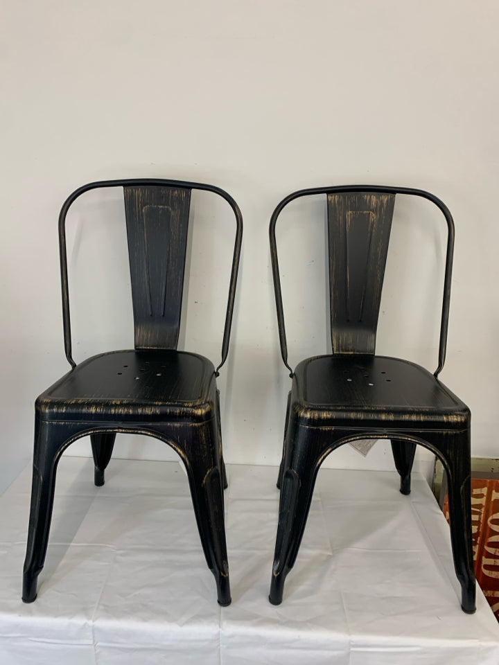 2 BLACK W GOLD ACCENT METAL CHAIRS.