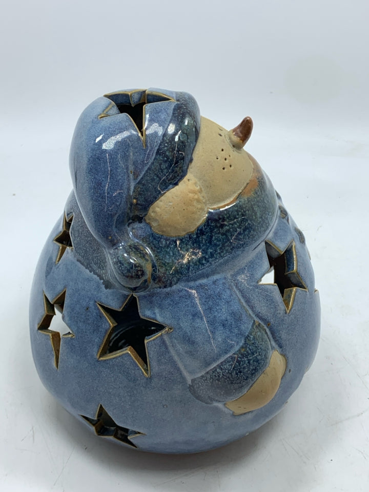BLUE STAR PIERCED FAT SNOWMAN TEALIGHT HOLDER.