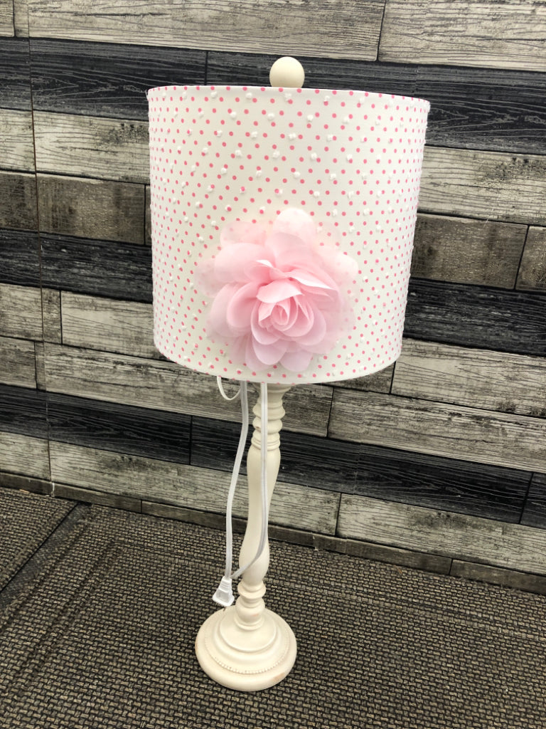 DISTRESSED WHITE BASE LAMP W PINK SHADE.