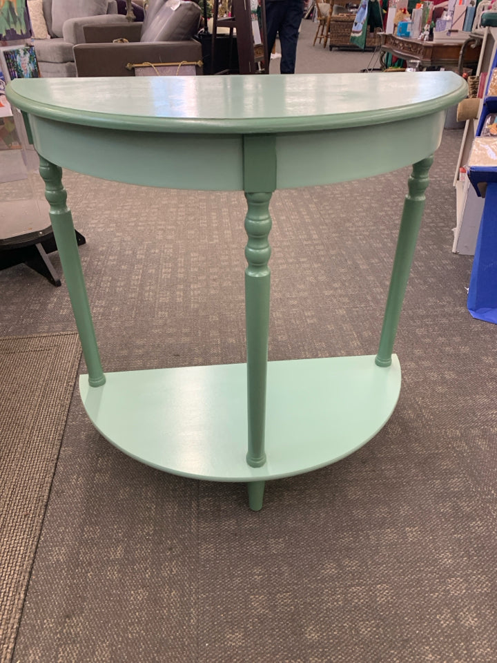 TEAL PAINTED HALF MOON TABLE.