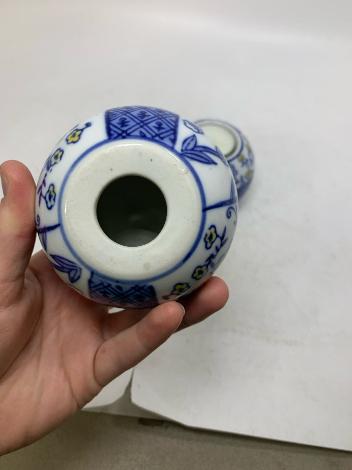 BLUE PATCHWORK/ FLORAL CERAMIC ASIAN STYLE TEA LIGHT HOLDERS.