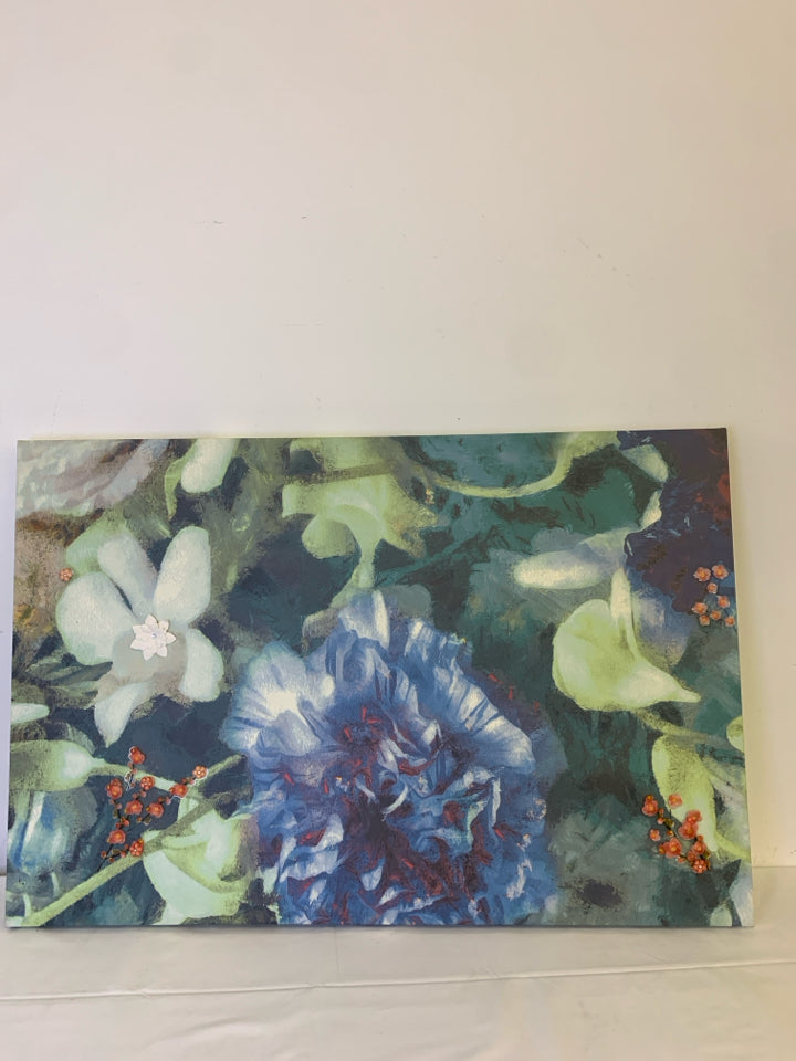 BLUE FLORAL CANVAS WALL HANGING.