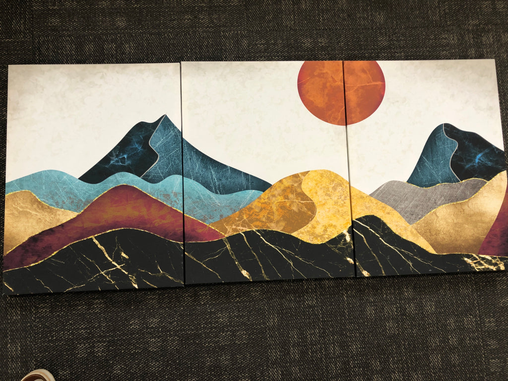 3PC ABSTRACT MOUNTAINS/SUN WALL ART.