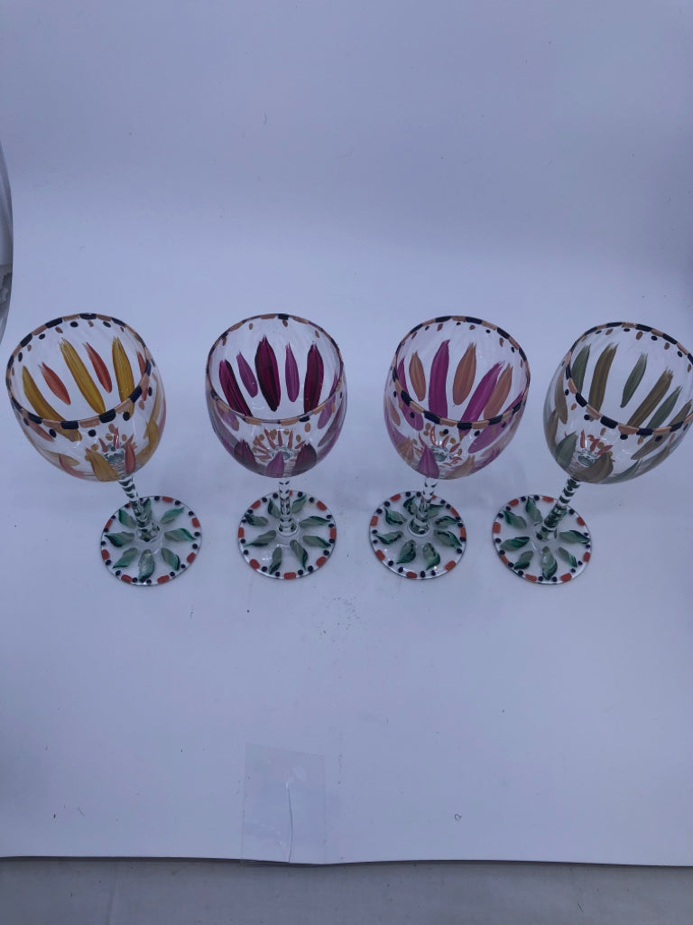 4 FLOWER PAINTED WINE GLASSES.