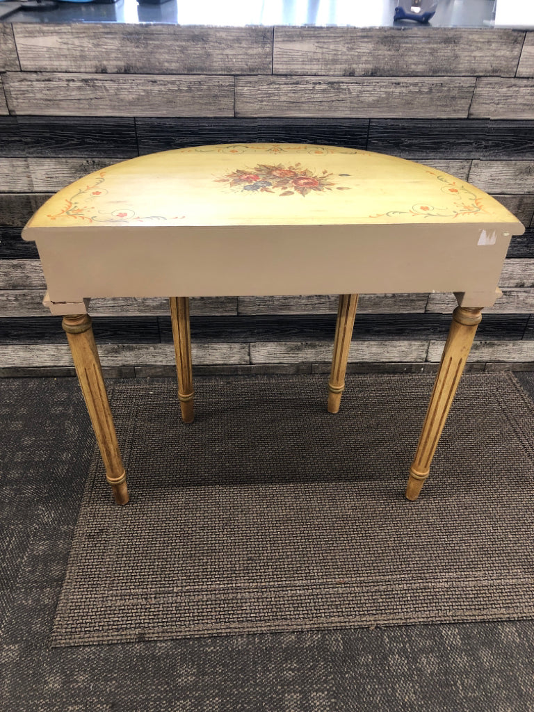 VTG CREAM PAINTED HALF MOON TABLE W FLORAL.