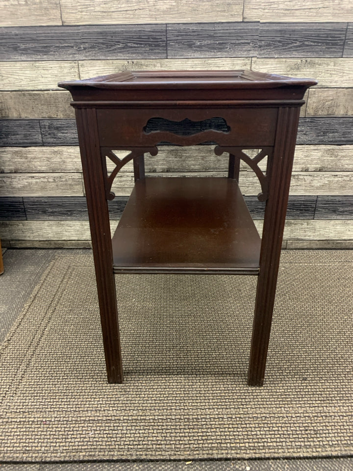 VTG DARK WOOD TABLE W BOTTOM STORAGE.