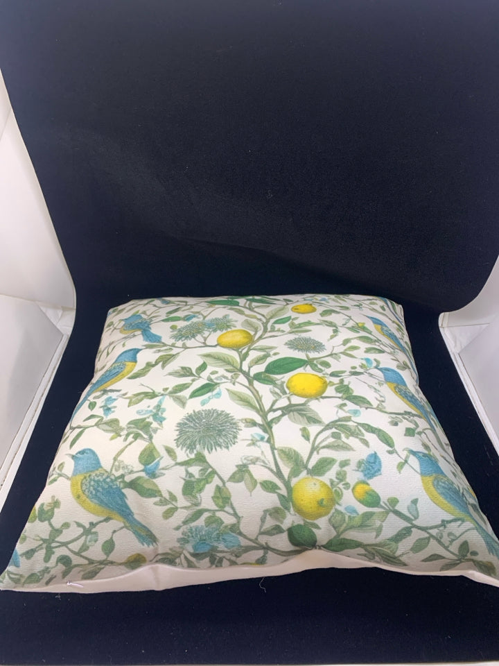BIRDS ON TWIGS W LEMONS SQUARE PILLOW.