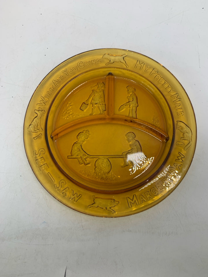 VTG DIVIDED GLASS NURSERY RHYME SEE SAW MARGERY DAW PLATE.