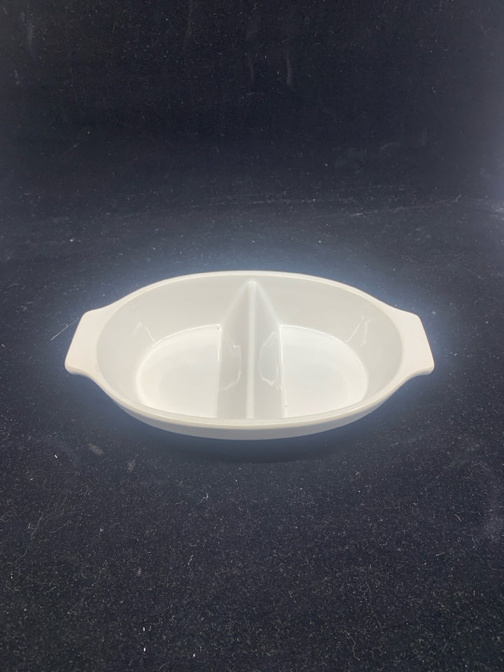 SMALL WHITE DIVIDED BAKING DISH.