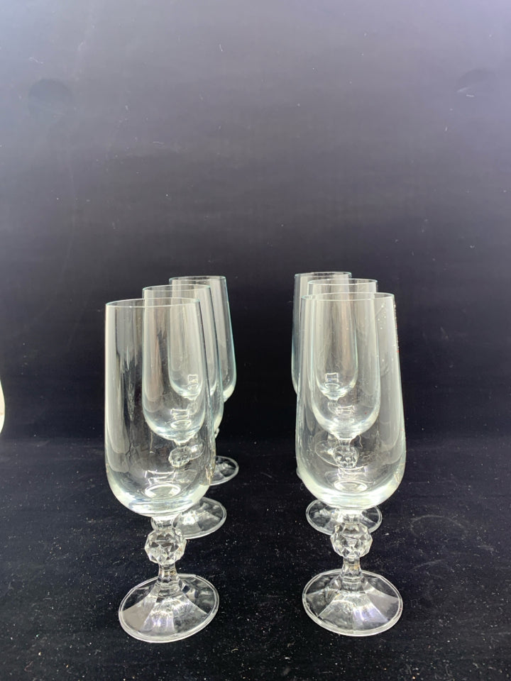 6 CHAMPAGNE FLUTES W CRYSTAL CENTER.