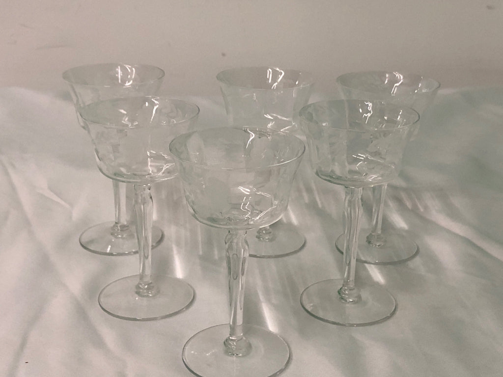 6 SMALL ETCHED PRINCESS HOUSE TALL STEM GLASSES.